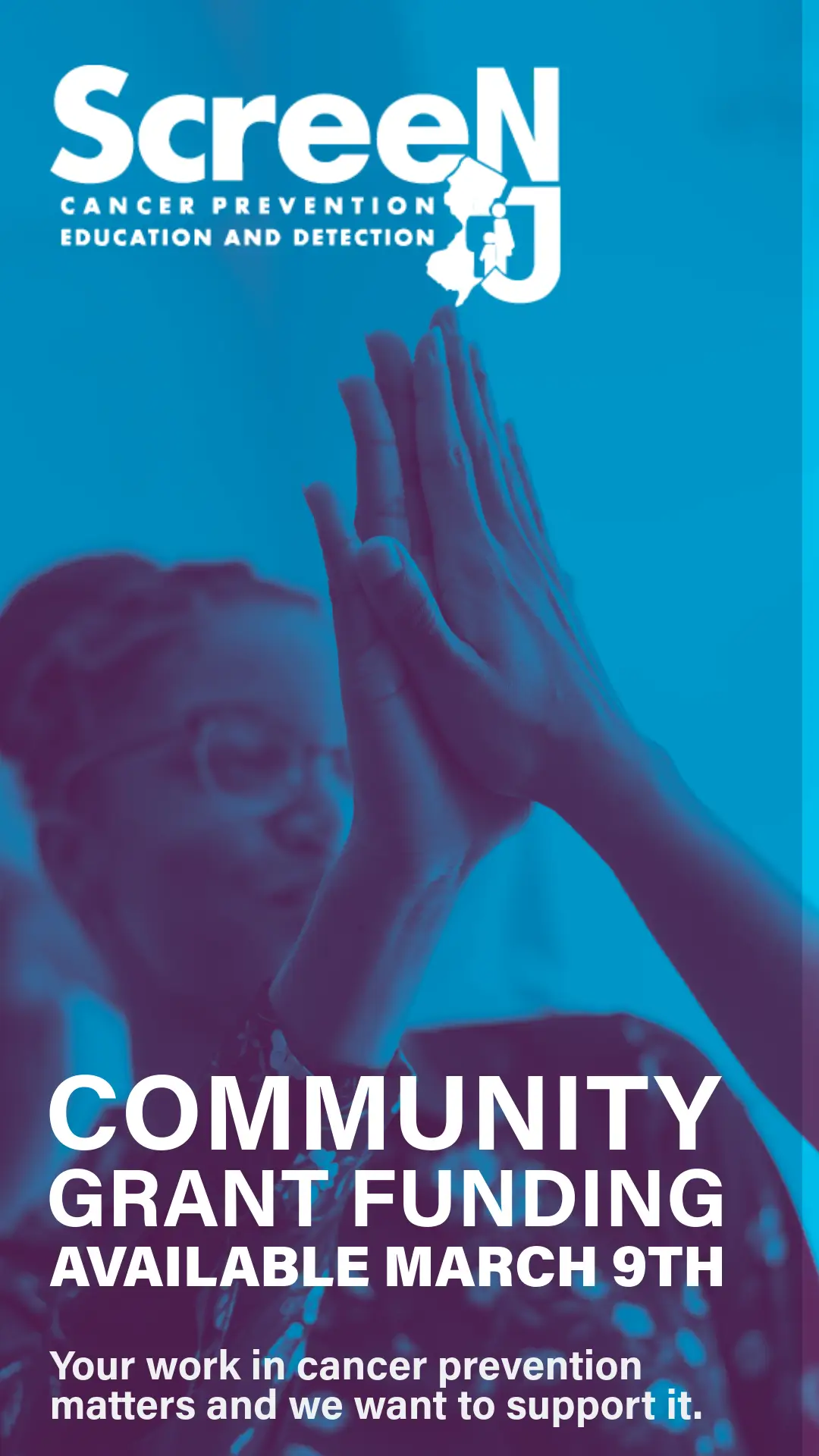 Two people high-fiving with blue overlay. Community Grant Funding Available March 9th.